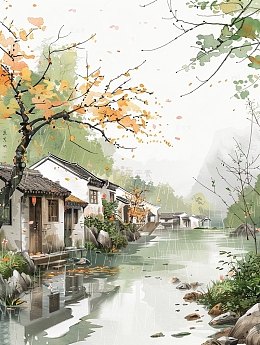 古风建筑细雨山水
