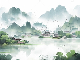 古风烟雨建筑山水
