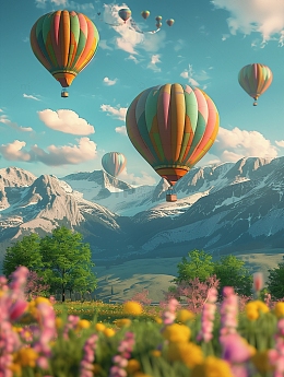花海背景粉色爱心热气球
