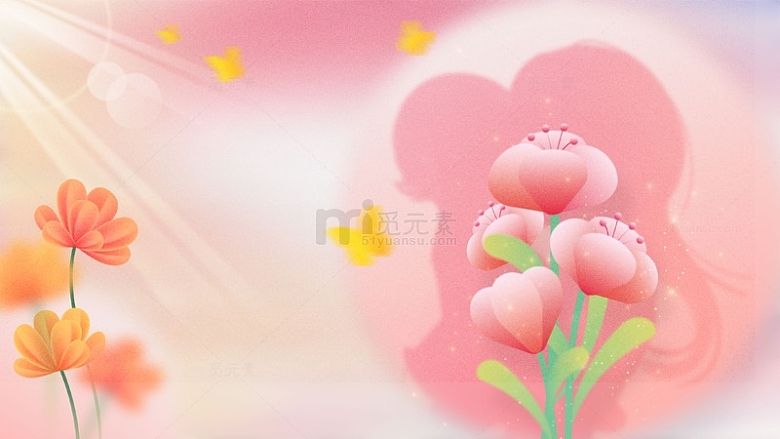 卡通母亲节花朵花束人物剪影背景