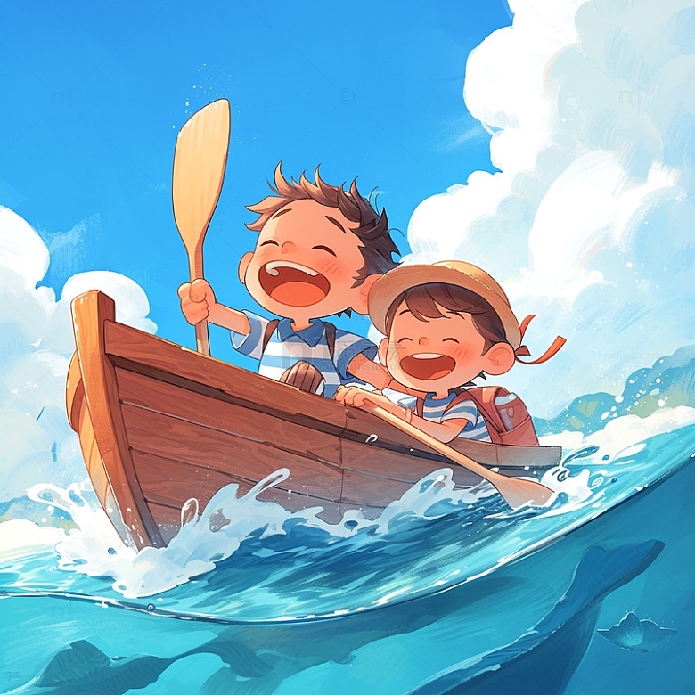 端午节开心的小孩划船
