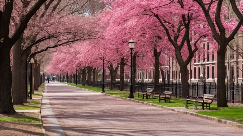 樱花大树公园小路唯美粉色场景
