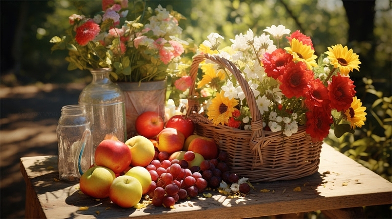 花篮鲜花水果苹果葡萄桌面场景