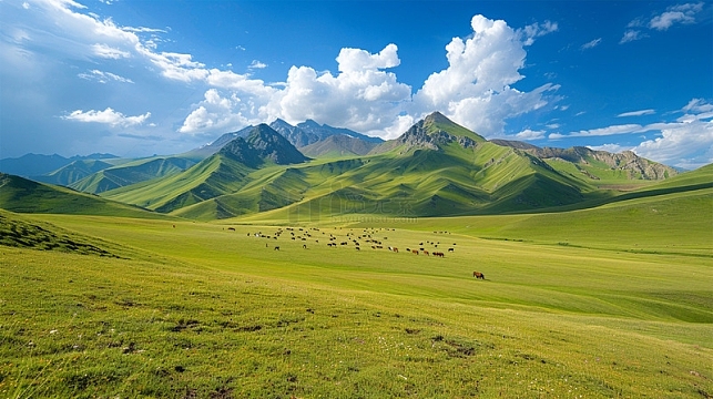 草原山峰蓝天白云绿色风景场景