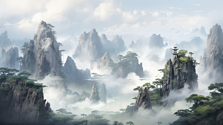 中国风山水建筑植物云雾唯美场景