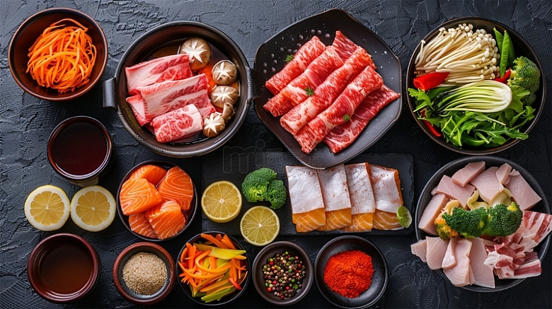 火锅食材肉蔬菜美食桌面
