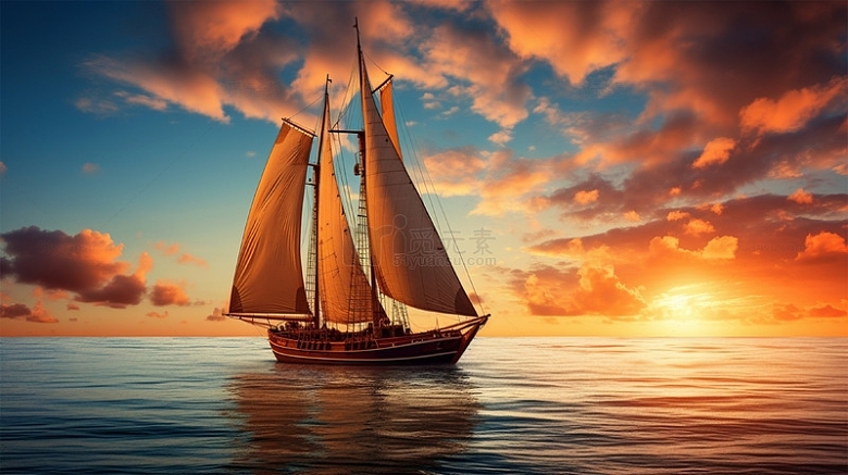 帆船海上航行落日日出唯美场景