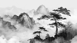 黑白水墨中国风单色山峰植物松树场景插画