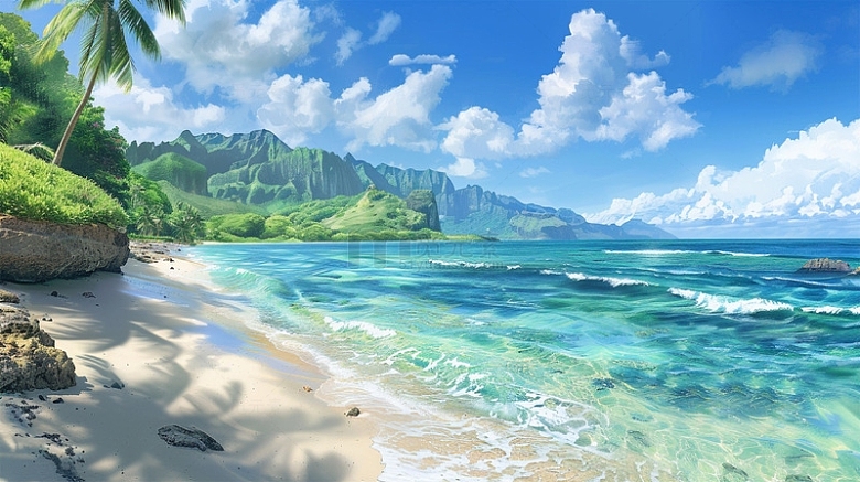 大海沙滩椰子树青山绿水蓝天白云风景