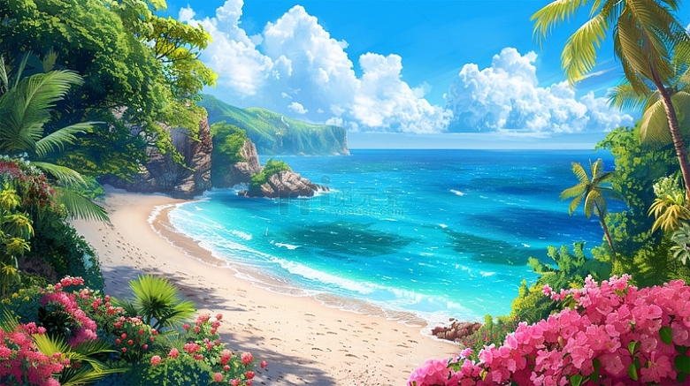沙滩蓝天白云植物热带鲜花大海场景