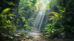 热带雨林阳光小溪植物场景