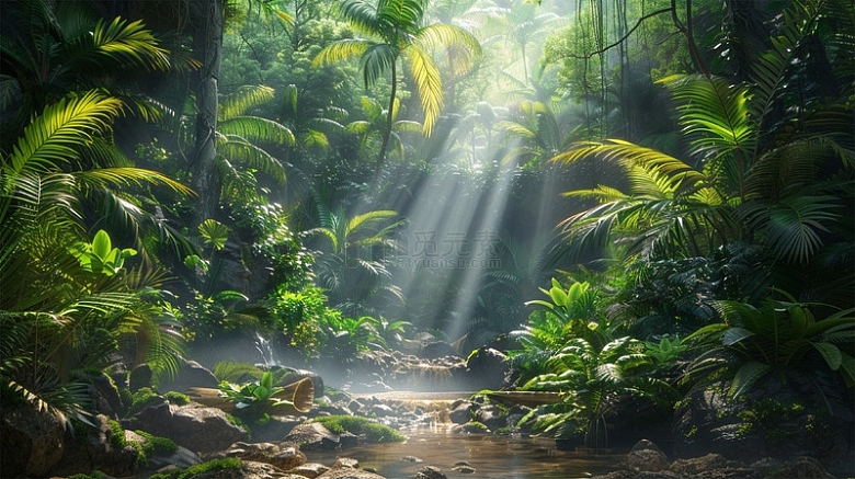 热带雨林阳光小溪植物场景