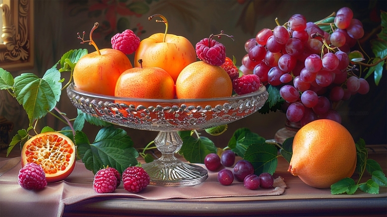 水果玻璃盘子苹果葡萄美食壁纸