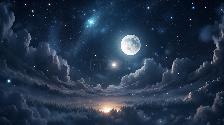 月亮星空夜晚云雾森林唯美场景