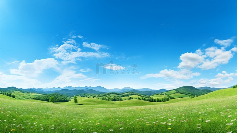 蓝天白云鲜花草地唯美场景