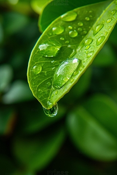 雨后绿色叶子特写
