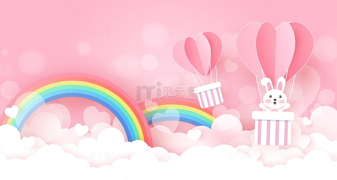 可爱的兔子站热气球剪纸工艺风格背景