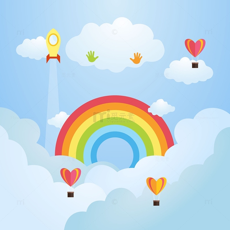 云朵中的彩虹与心形热气球