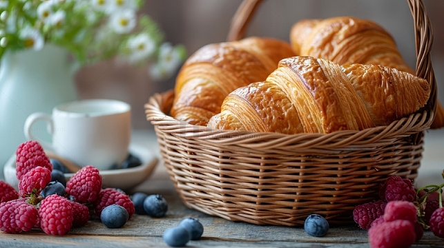 篮子里的牛角面包下午茶