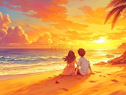 夕阳海边情侣浪漫