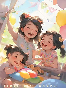 三个一起玩耍的小女孩jpg卡通女孩草坪玩耍jpg儿童节拿着气球的女孩