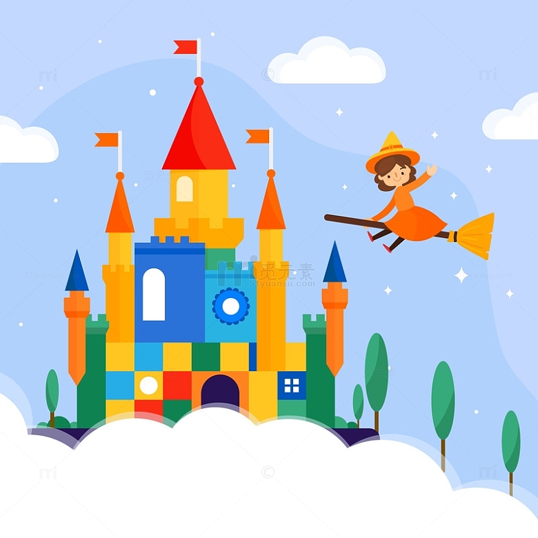 彩色插图童话城堡与女巫
