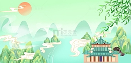 古风中国风春夏季绿色山水国潮手绘背景
