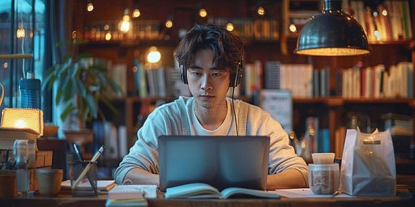实拍毕业季图书馆学习的男孩