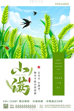 绿色小满传统二十四节气卡通手绘海报