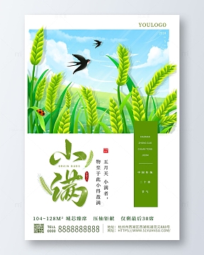 绿色小满传统二十四节气卡通手绘海报