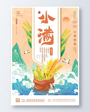 橙色国潮小满传统二十四节气海报