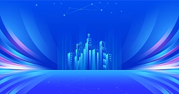曲线光束包围城市建筑剪影