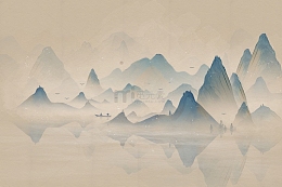 复古新中式水墨千里江山图古风山水背景