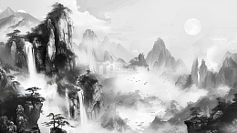 水墨中国单色黑白山水风景插画