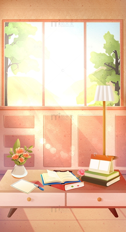 教师节树木窗户桌子书本日历花束