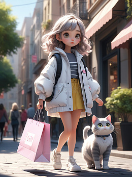 女孩和小猫逛街3D卡通插画