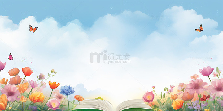 蓝天白云书本花草