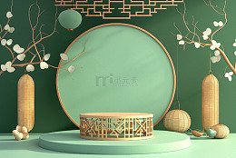 端午节通用3D场景绿色中式电商展台背景