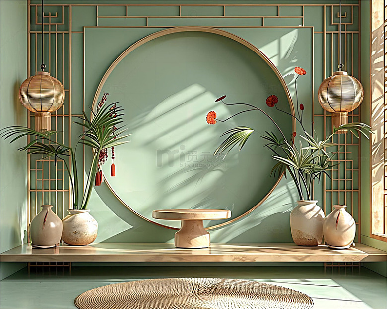 端午节绿色展台中国风室内摆拍场景