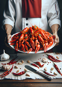 端着一盘麻辣小龙虾的厨师AI摄影图