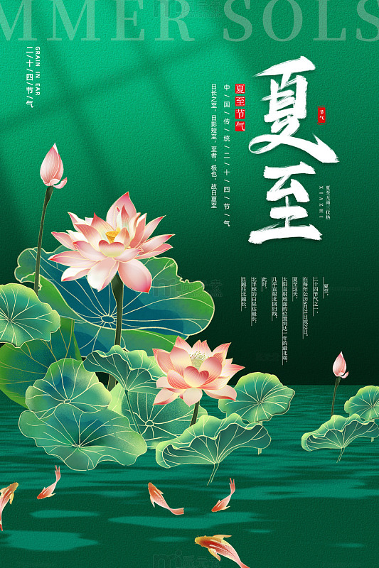 深绿色简约风荷花夏至节气宣传海报