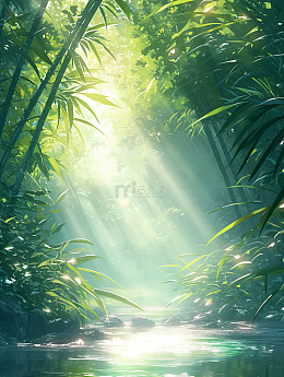 阳光绿色竹林溪流