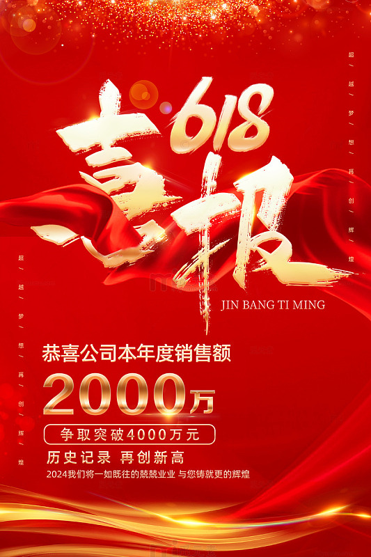 红色喜庆618购物节销售额喜报海报