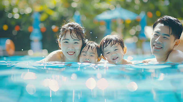 户外泳池一家人