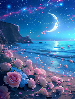 夜晚沙滩月色美景