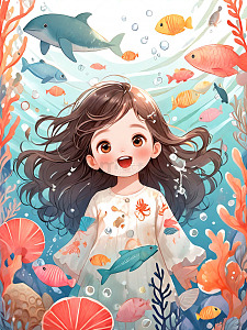 海底可爱风儿童插画