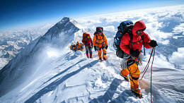 登山者攀登雪峰摄影