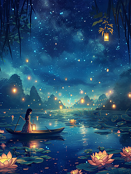 夜晚星空荷花小船背景