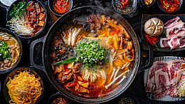 火锅肉蔬菜蘑菇美食食物俯视场景