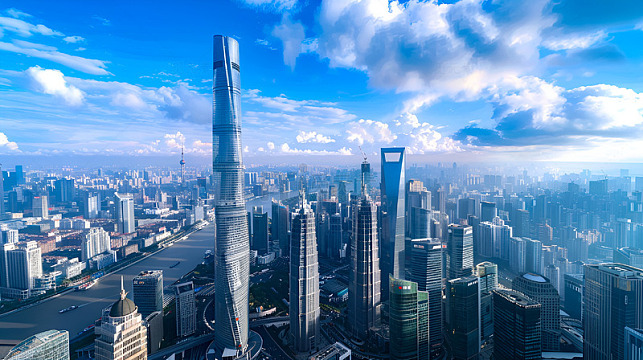 城市建筑高楼大厦蓝天白云风景俯视